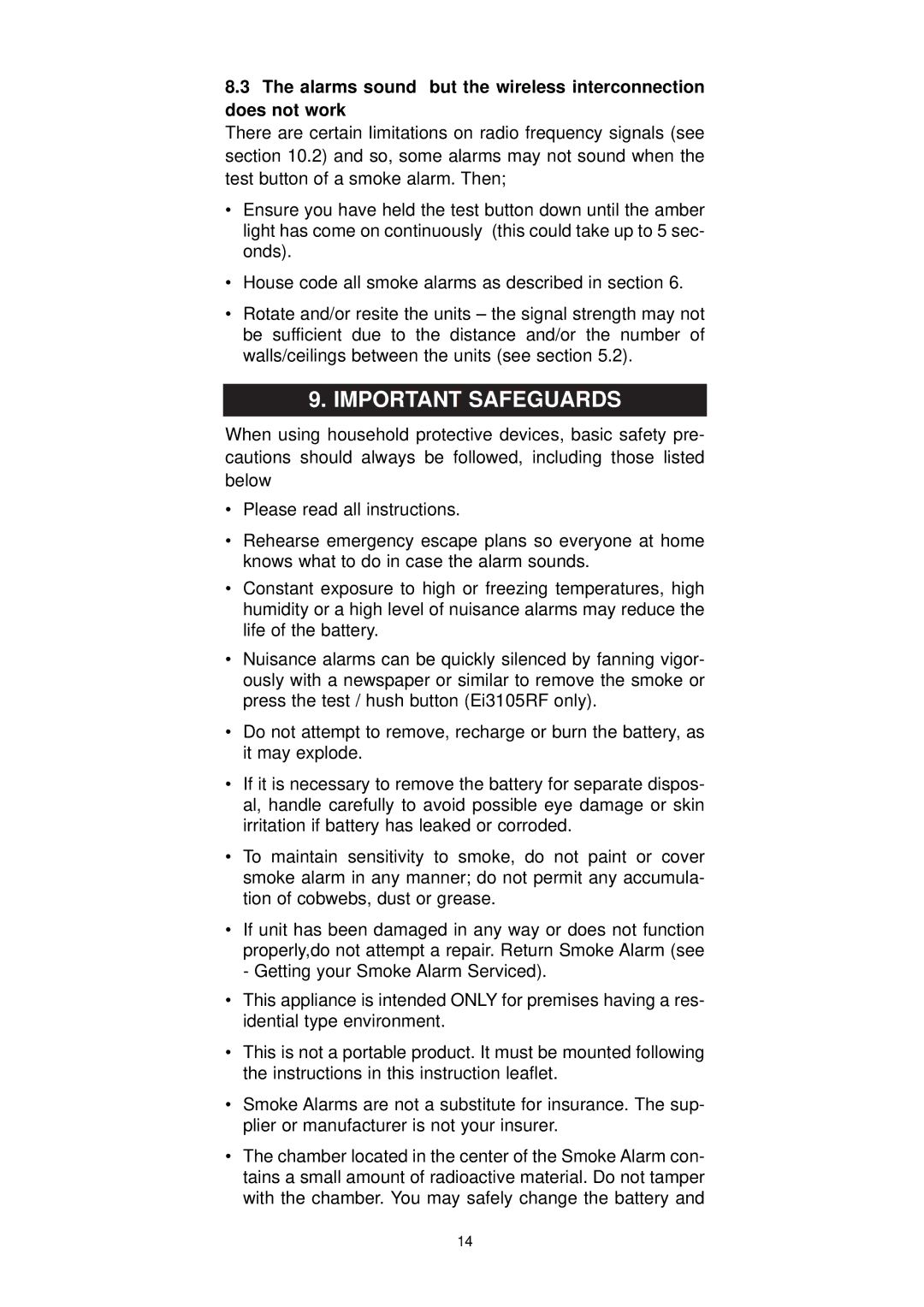 Ei Electronics Ei 3100RF manual Important Safeguards, Alarms sound but the wireless interconnection does not work 