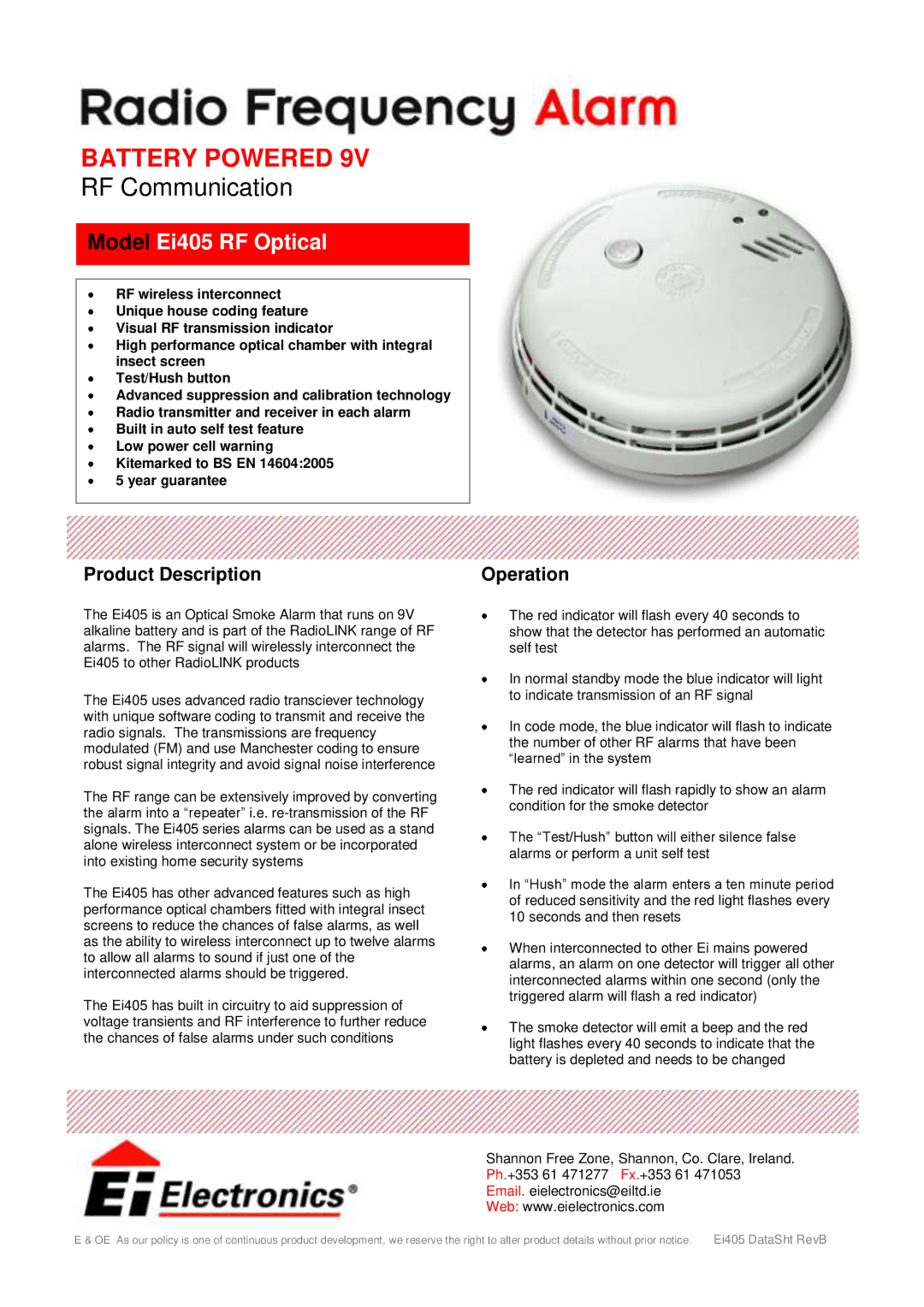 Ei Electronics Ei 405 manual Battery Powered, RF Communication, Model Ei405 RF Optical, Product Description Operation 