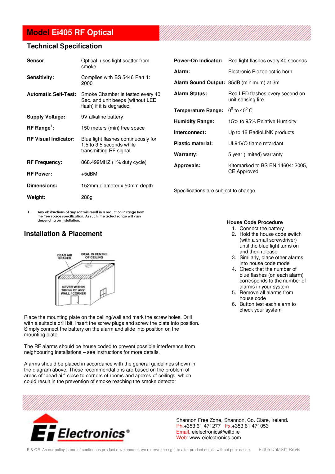 Ei Electronics Ei 405 manual Technical Specification, Installation & Placement 