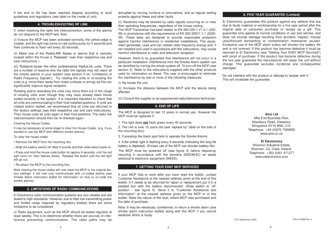 Ei Electronics Ei 407 manual Troubleshooting RF Link, Limitations of Radio Communications, END of Life 