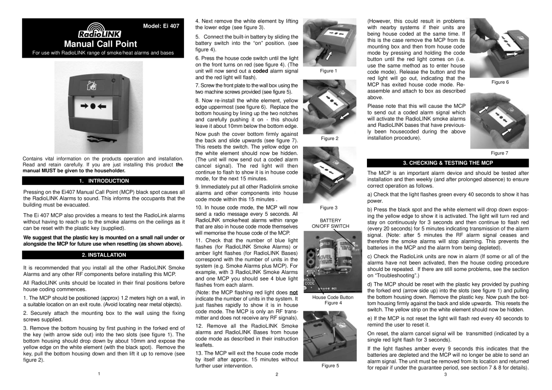 Ei Electronics Ei 407 manual Model Ei, Introduction, Installation, Checking & Testing The Mcp, Manual Call Point 