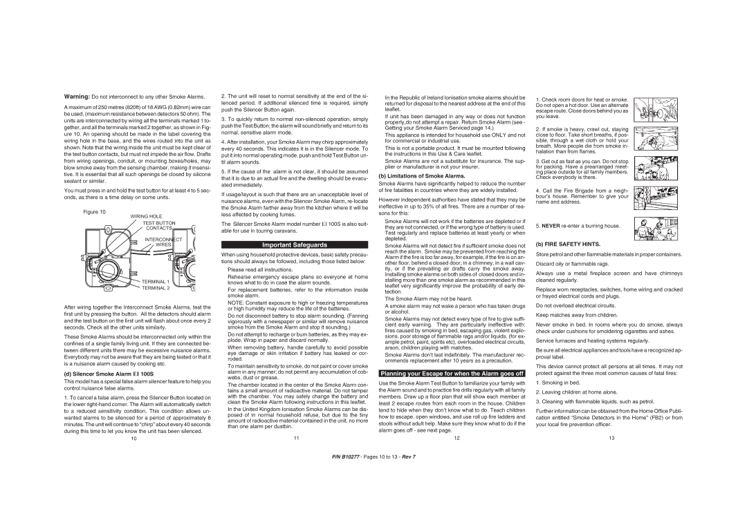 Ei Electronics Ei100B Important Safeguards, Planning your Escape for when the Alarm goes off, Silencer Smoke Alarm EI 100S 