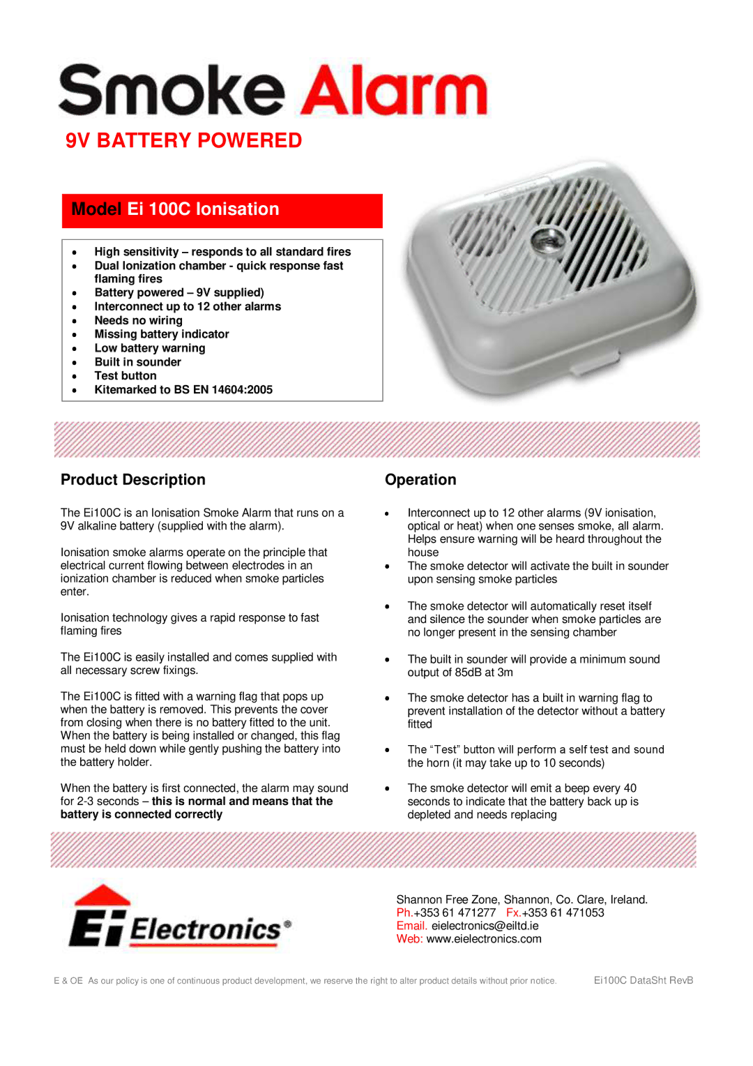 Ei Electronics Ei100C manual 9V Battery Powered, Model Ei 100C Ionisation, Product Description, Operation 