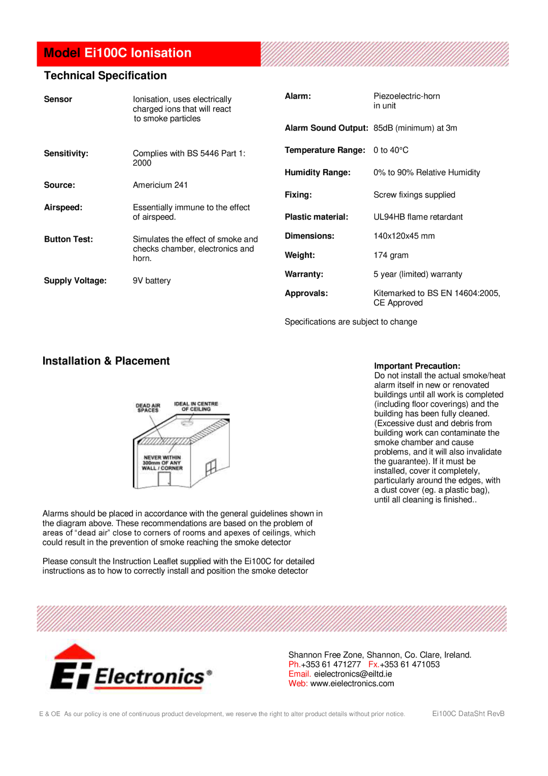 Ei Electronics manual Model Ei100C Ionisation, Technical Specification, Installation & Placement 