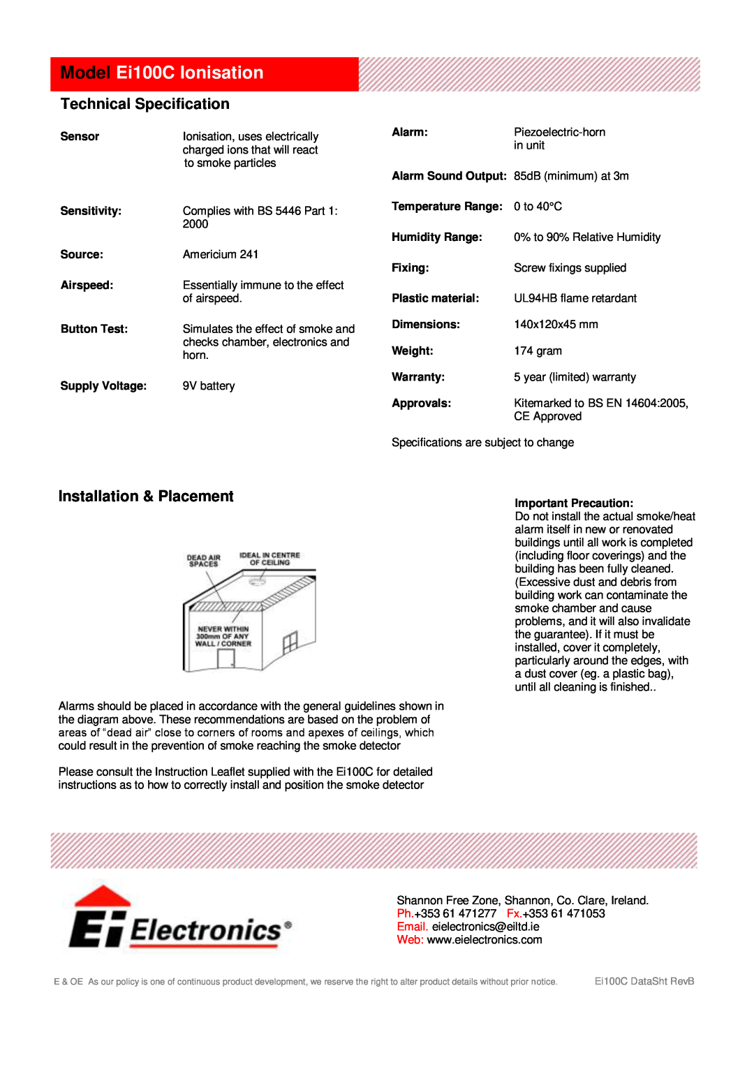 Ei Electronics manual Model Ei100C Ionisation, Technical Specification, Installation & Placement 