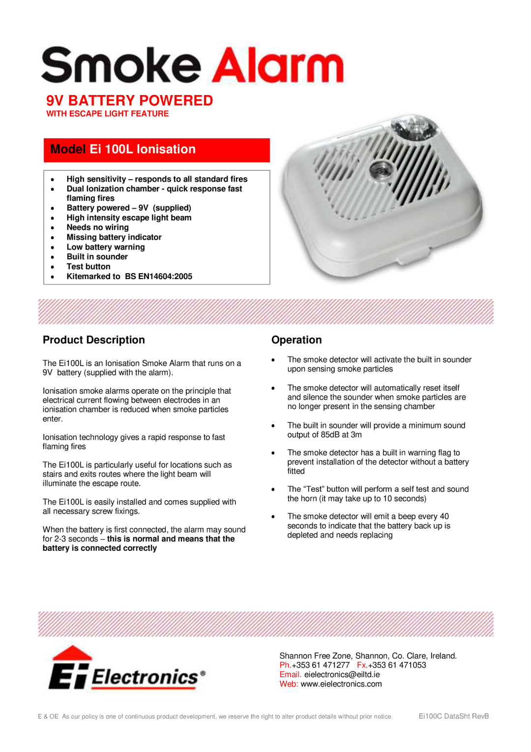 Ei Electronics Ei100L manual 9V Battery Powered, Model Ei 100L Ionisation, Product Description, Operation 