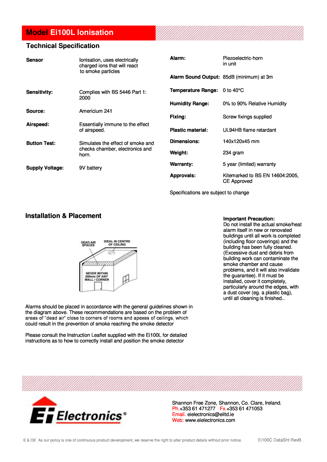 Ei Electronics manual Model Ei100L Ionisation, Technical Specification, Installation & Placement 