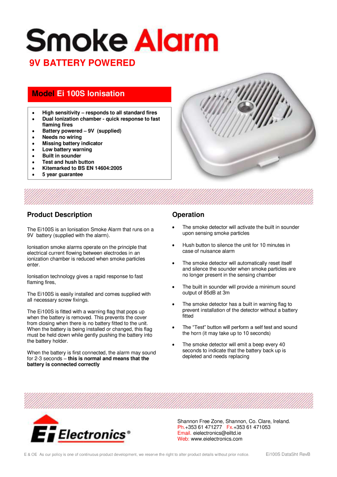 Ei Electronics Ei100S manual Model Ei 100S Ionisation, Product Description, Operation 