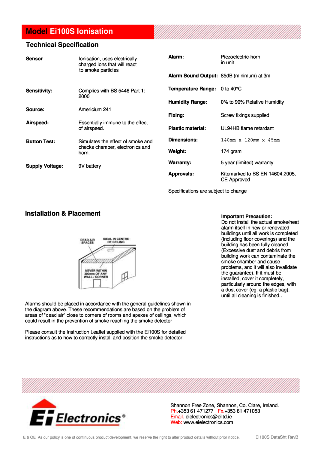 Ei Electronics manual Model Ei100S Ionisation, Technical Specification, Installation & Placement, Source, Supply Voltage 