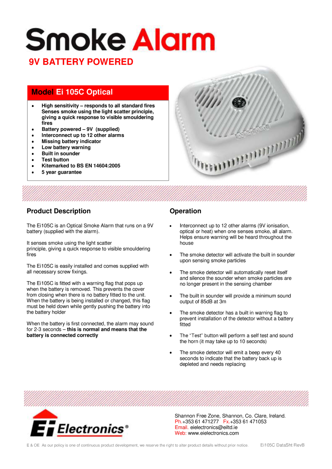 Ei Electronics Ei105B manual 9V Battery Powered, Model Ei 105C Optical, Product Description, Operation 