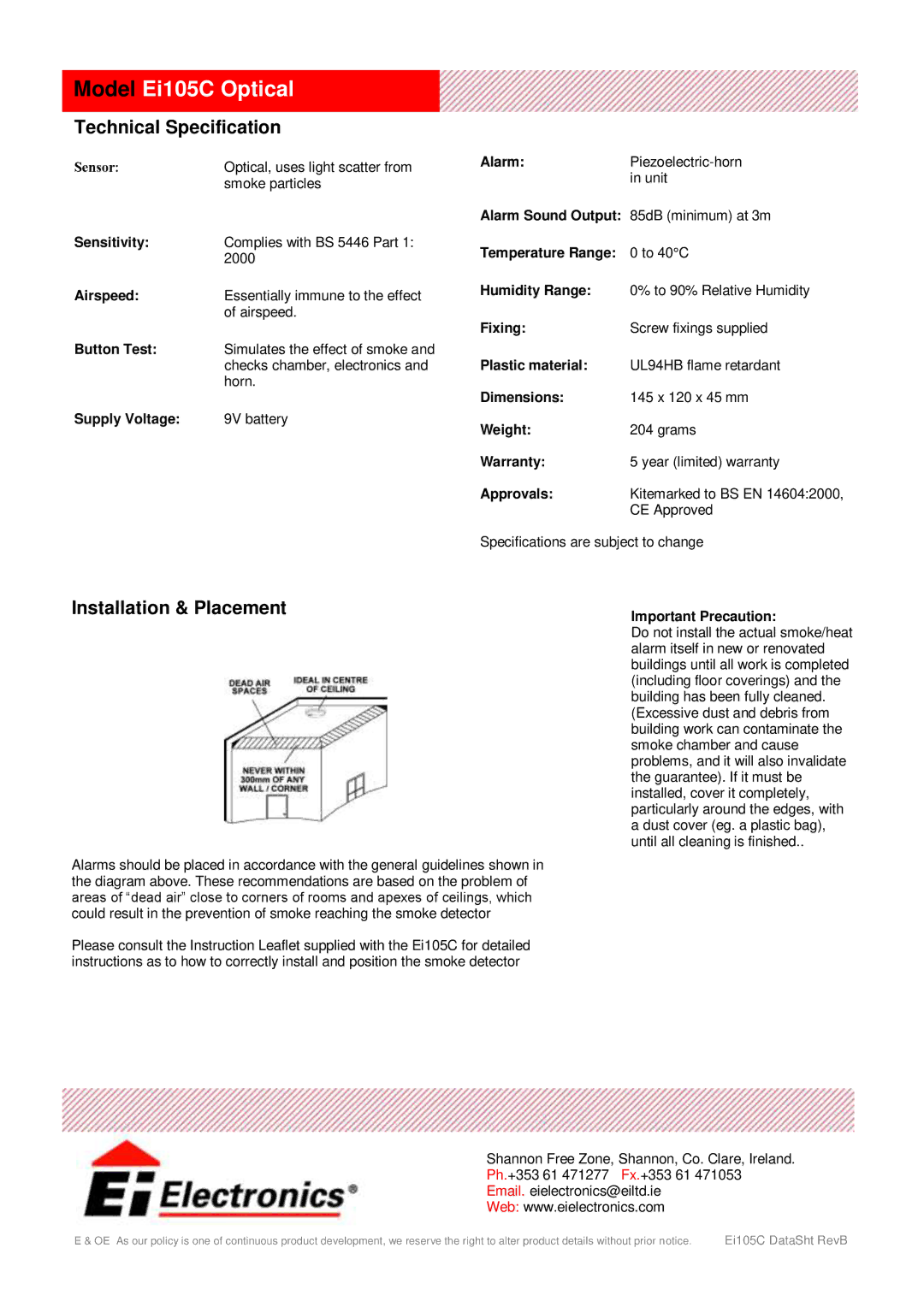 Ei Electronics Ei105B manual Model Ei105C Optical, Technical Specification, Installation & Placement 