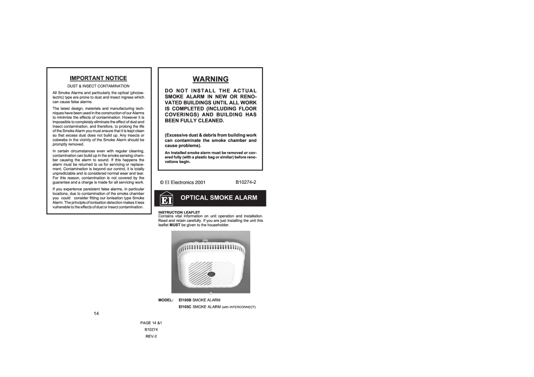 Ei Electronics EI105C Instruction Leaflet, MODEL EI105B SMOKE ALARM, Optical Smoke Alarm, Important Notice, EI Electronics 