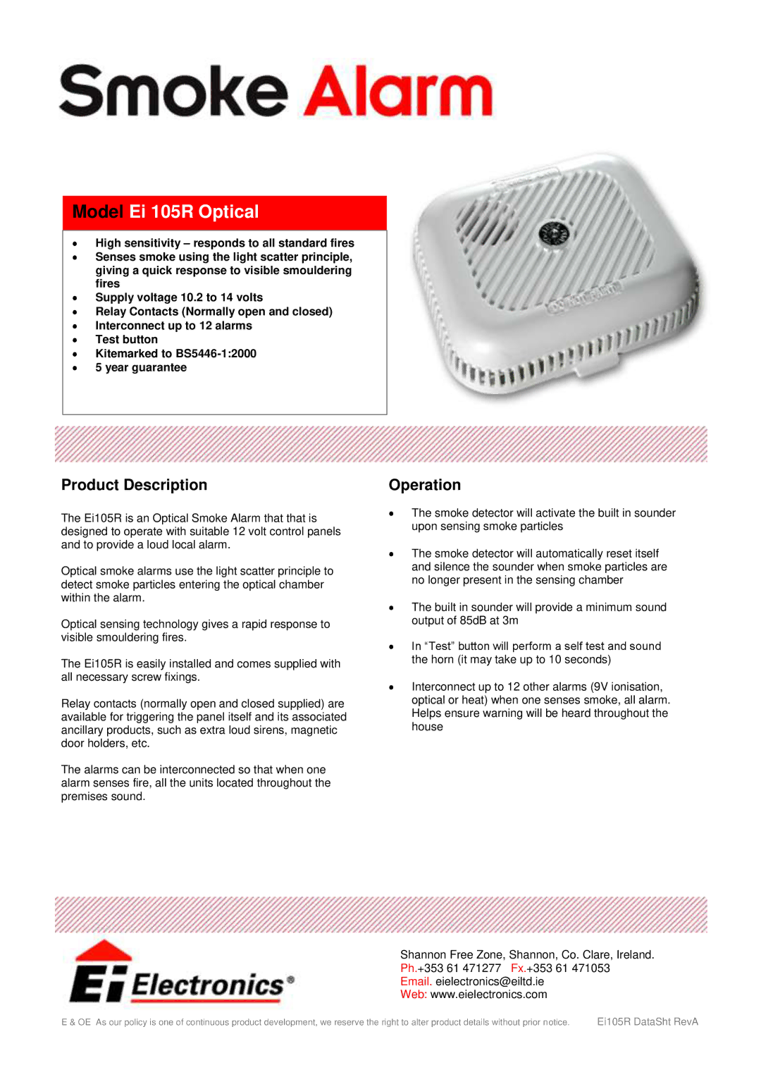 Ei Electronics Ei105R manual Model Ei 105R Optical, Product Description Operation 