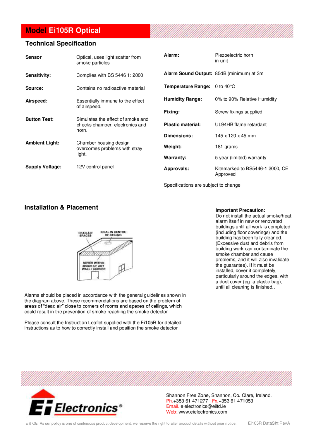 Ei Electronics manual Model Ei105R Optical, Technical Specification, Installation & Placement 