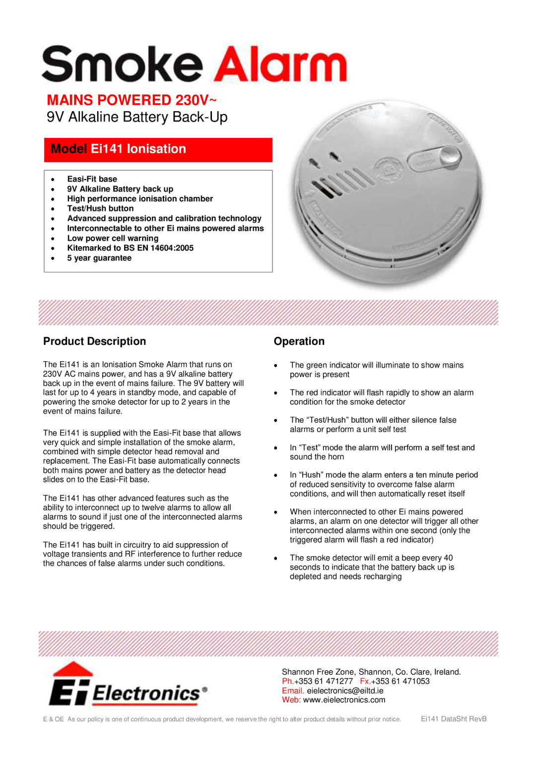 Ei Electronics manual Mains Powered 230V~, 9V Alkaline Battery Back-Up, Model Ei141 Ionisation 