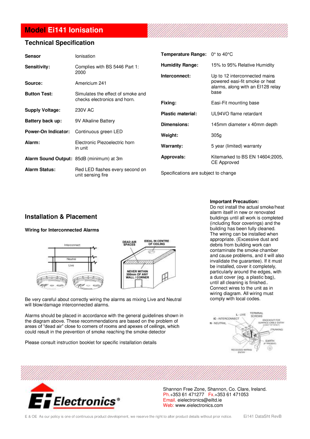 Ei Electronics Ei141 manual Technical Specification, Installation & Placement 