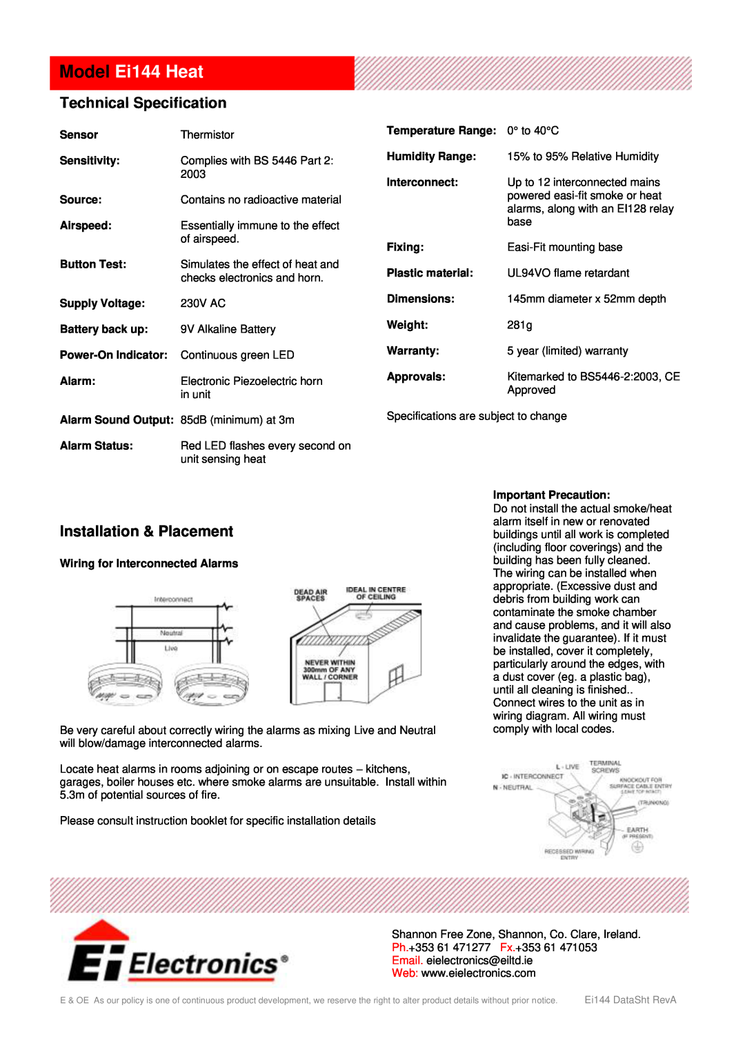 Ei Electronics manual Technical Specification, Installation & Placement, Model Ei144 Heat 