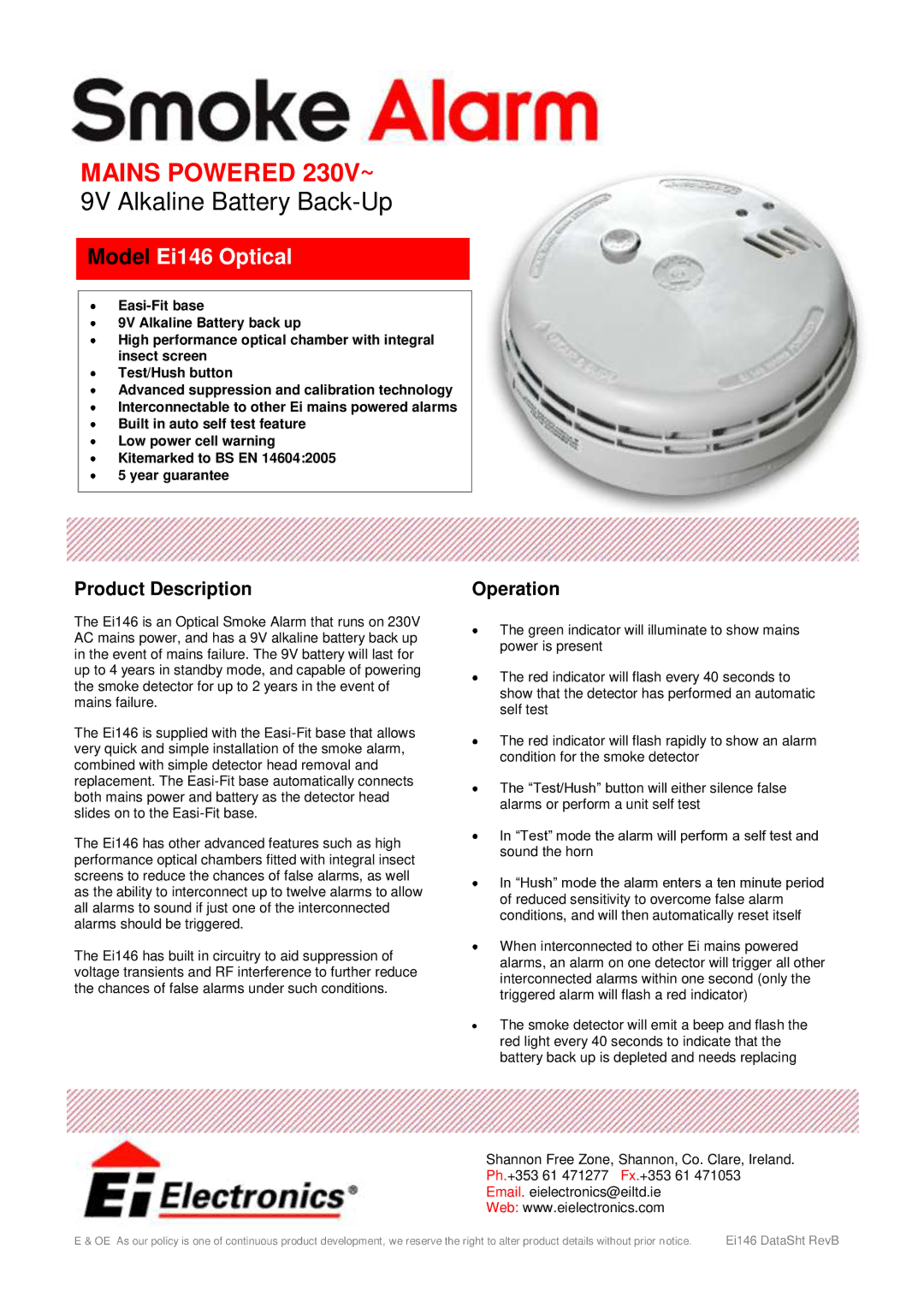 Ei Electronics Ei146 manual Product Description, Operation 