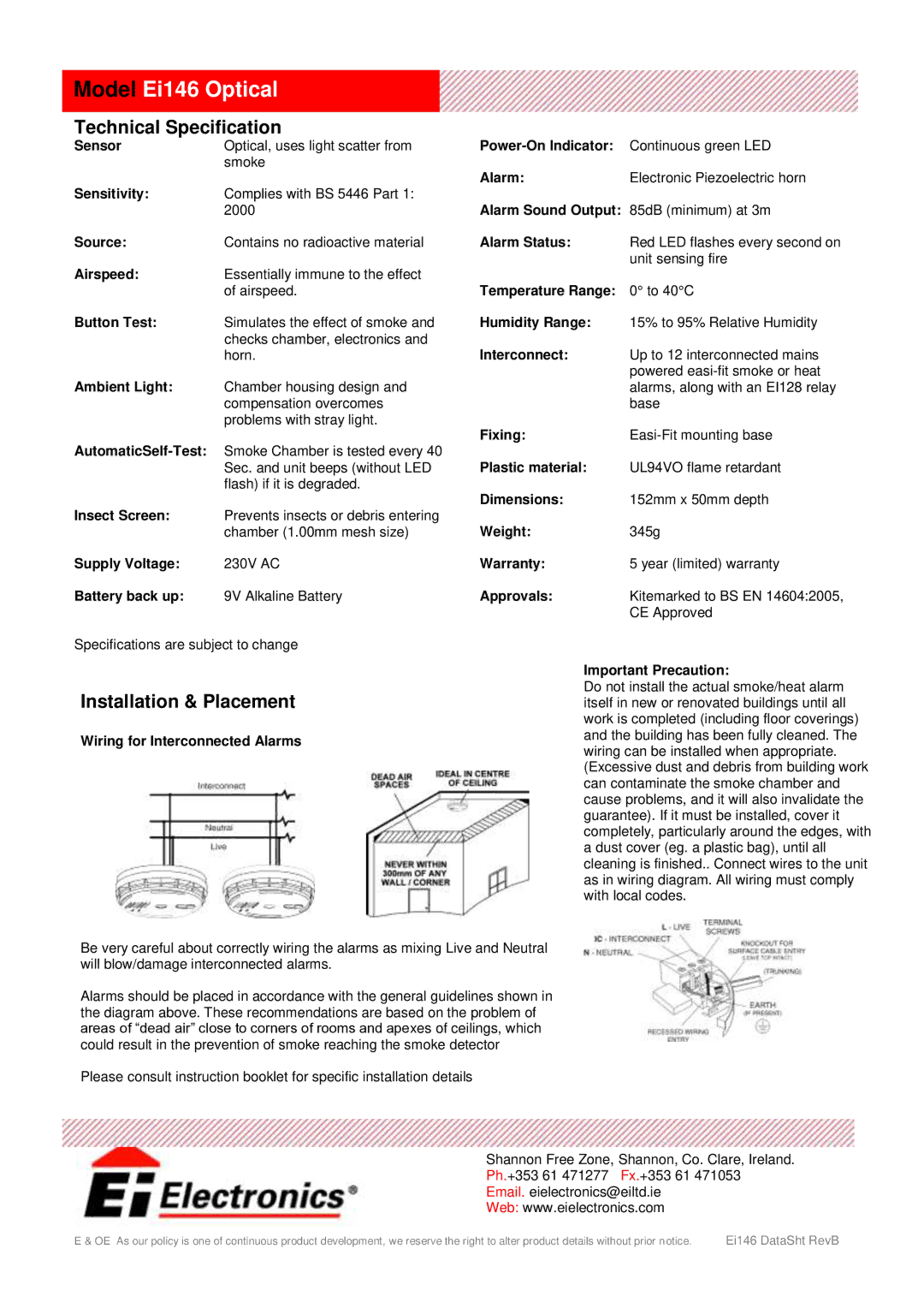 Ei Electronics Ei146 manual Technical Specification, Installation & Placement 