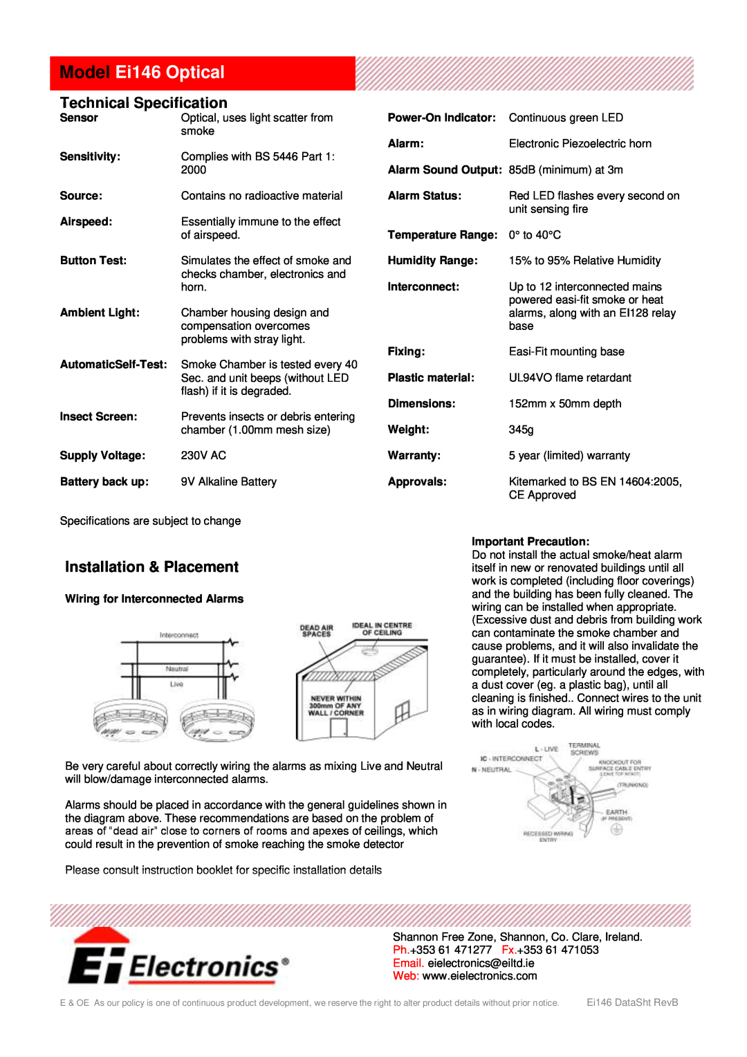Ei Electronics manual Technical Specification, Installation & Placement, Model Ei146 Optical 