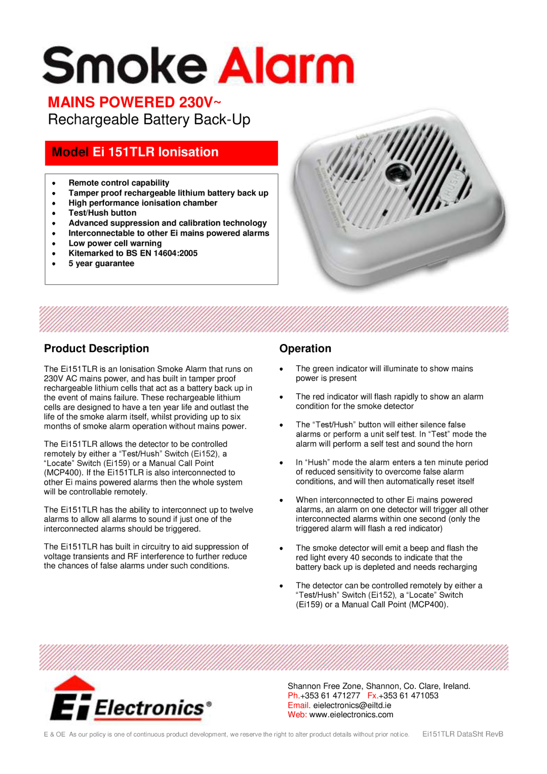 Ei Electronics Ei151TLR manual Model Ei 151TLR Ionisation, Product Description, Operation 