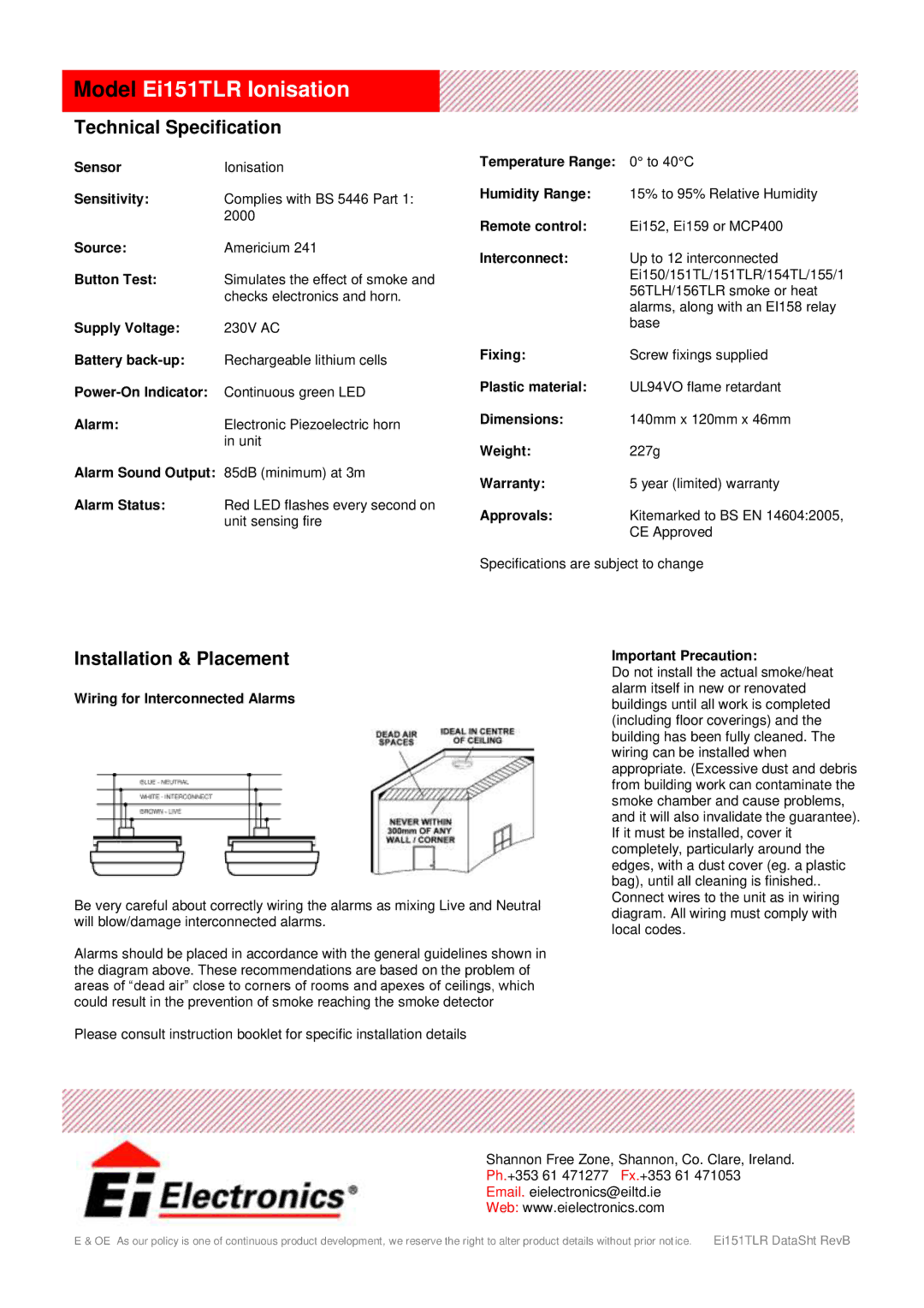 Ei Electronics manual Model Ei151TLR Ionisation, Technical Specification, Installation & Placement 