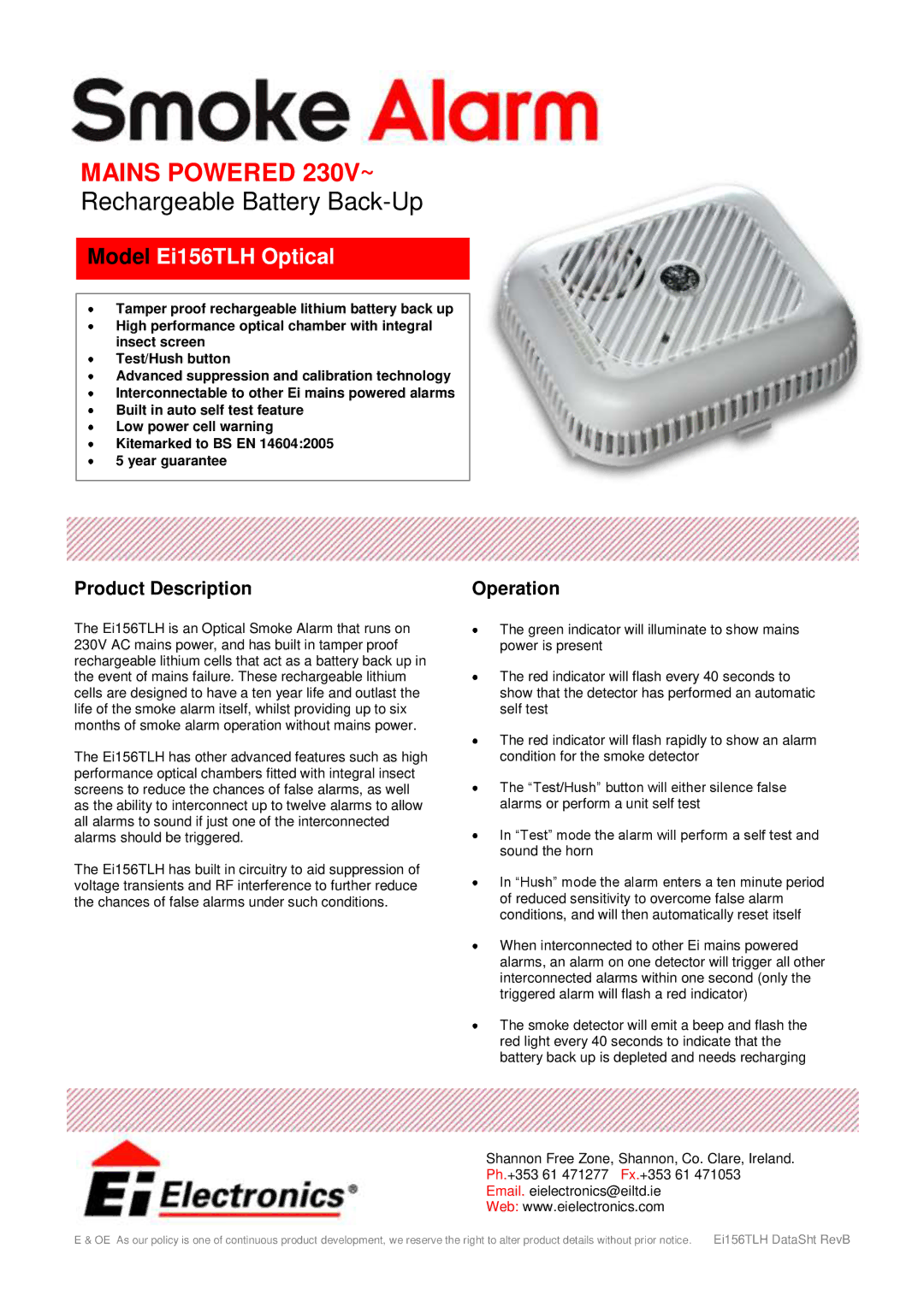 Ei Electronics manual Mains Powered 230V~, Rechargeable Battery Back-Up, Model Ei156TLH Optical 