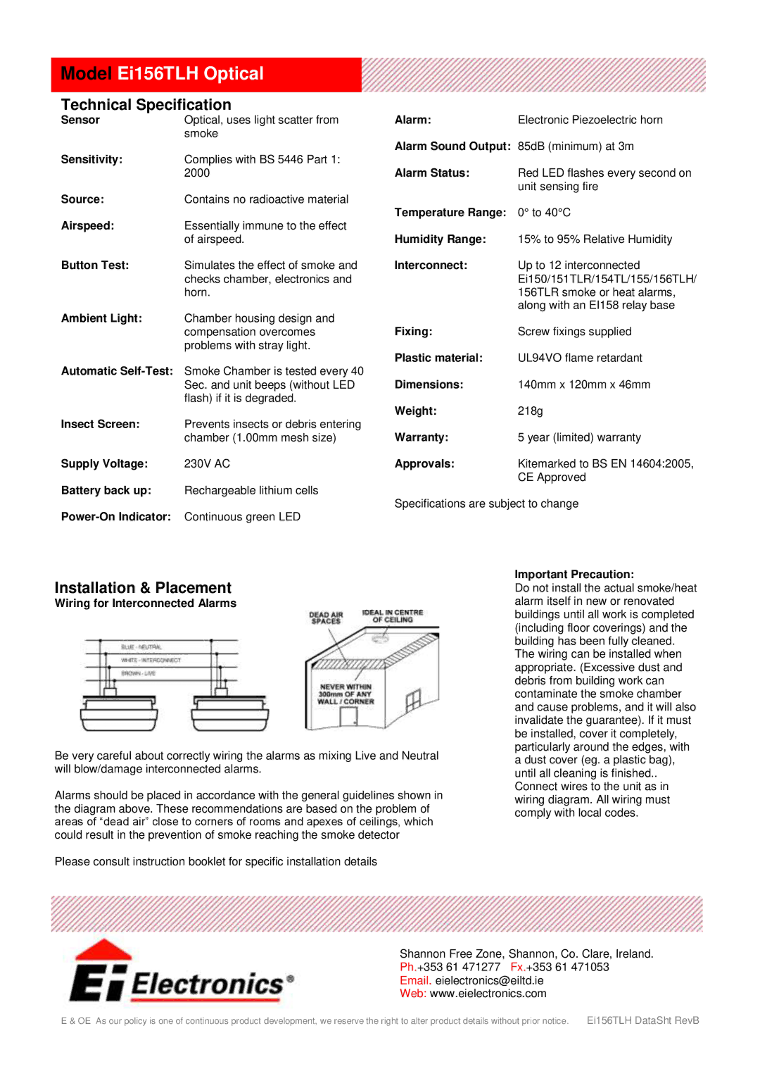 Ei Electronics Ei156TLH manual Technical Specification, Installation & Placement 