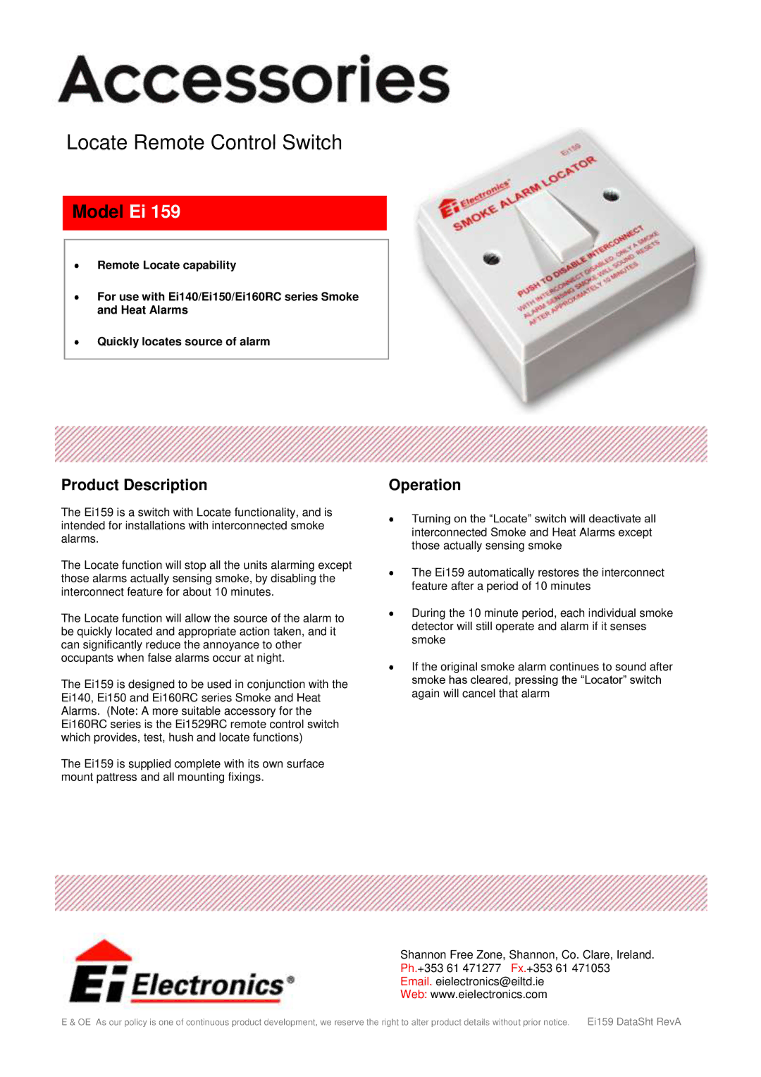 Ei Electronics EI159 manual Model Ei, Product Description, Operation 