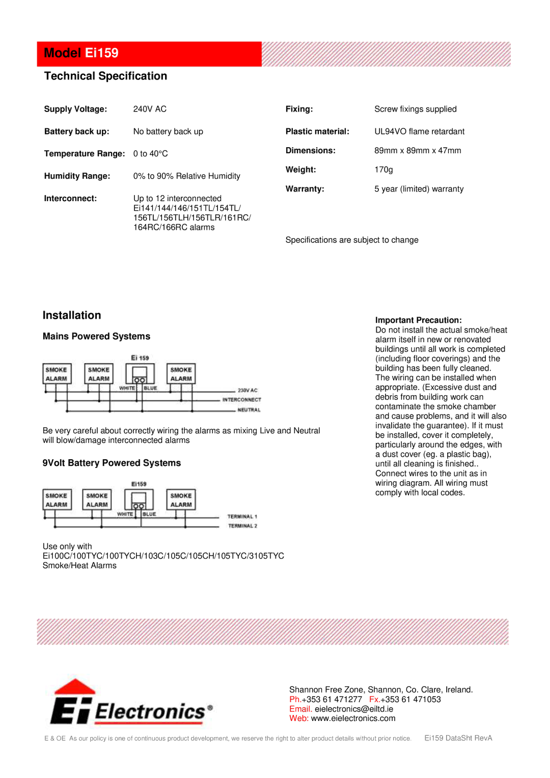 Ei Electronics EI159 manual Model Ei159, Technical Specification, Installation, Mains Powered Systems 