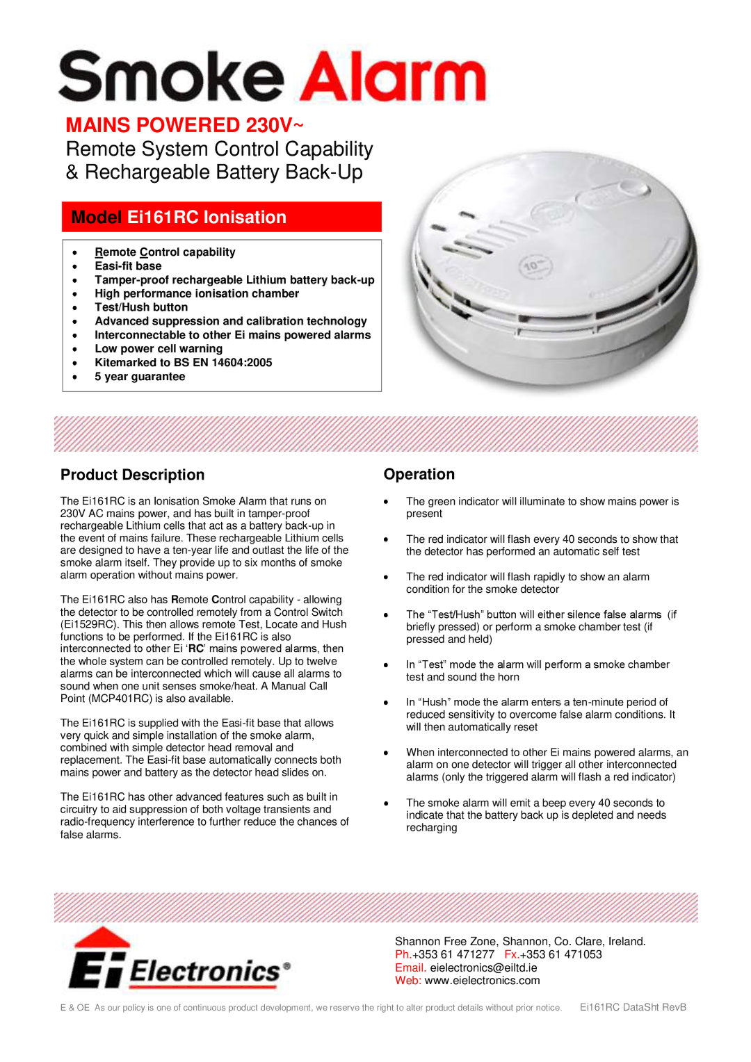 Ei Electronics manual Mains Powered 230V~, Model Ei161RC Ionisation, Product Description, Operation 