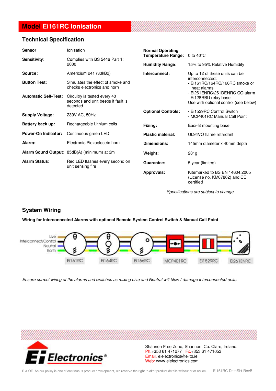 Ei Electronics Ei161RC manual Technical Specification, System Wiring 