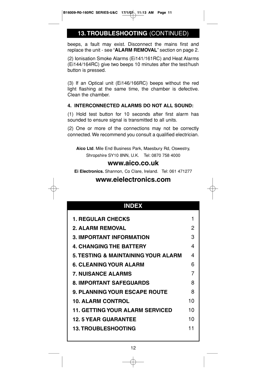 Ei Electronics B16009-R0-160RC Series, Ei166RC, Ei164RC manual Index, Interconnected Alarms do not ALL Sound 