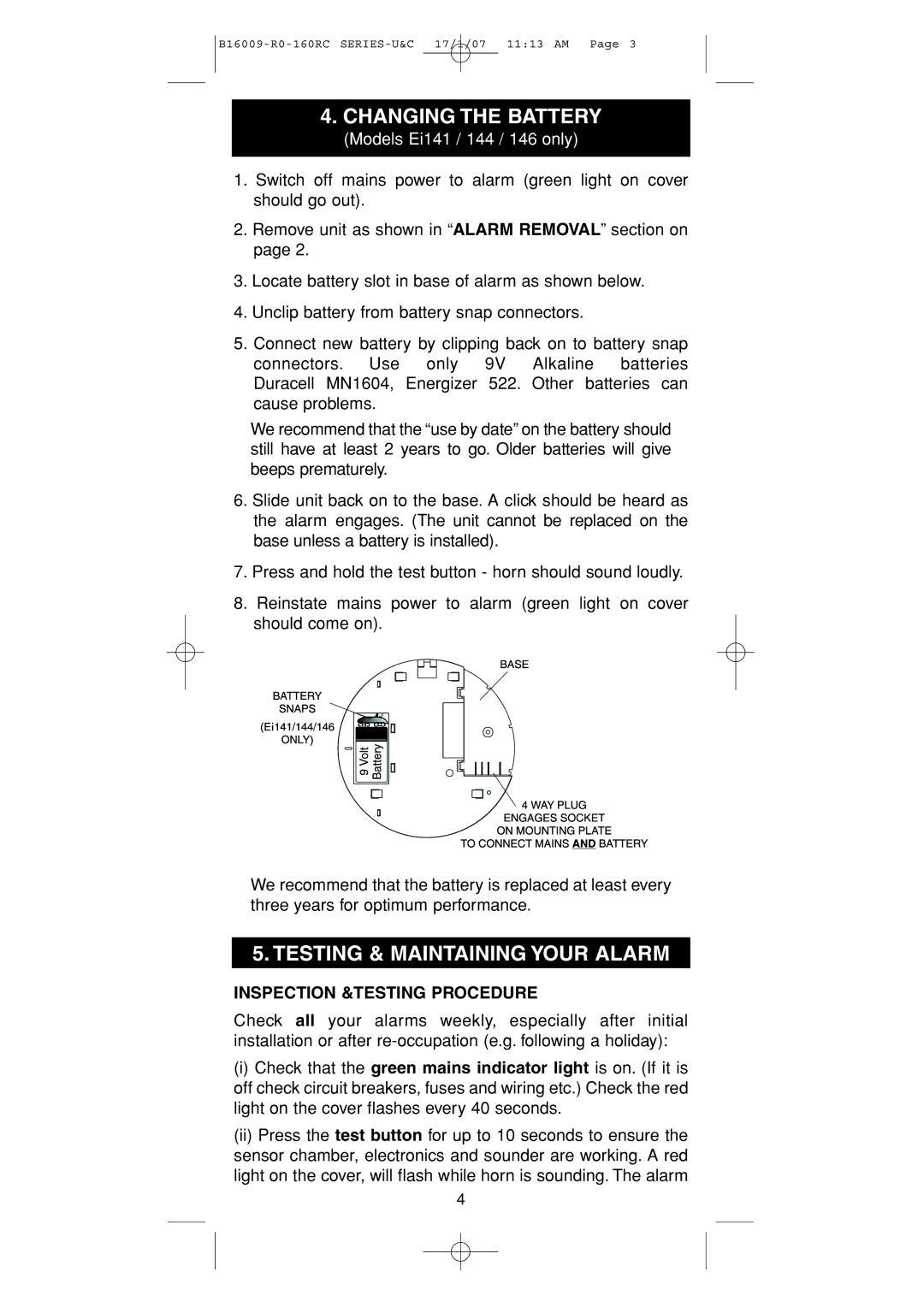 Ei Electronics Ei166RC, Ei164RC manual Changing the Battery, Testing & Maintaining Your Alarm, Inspection &TESTING Procedure 