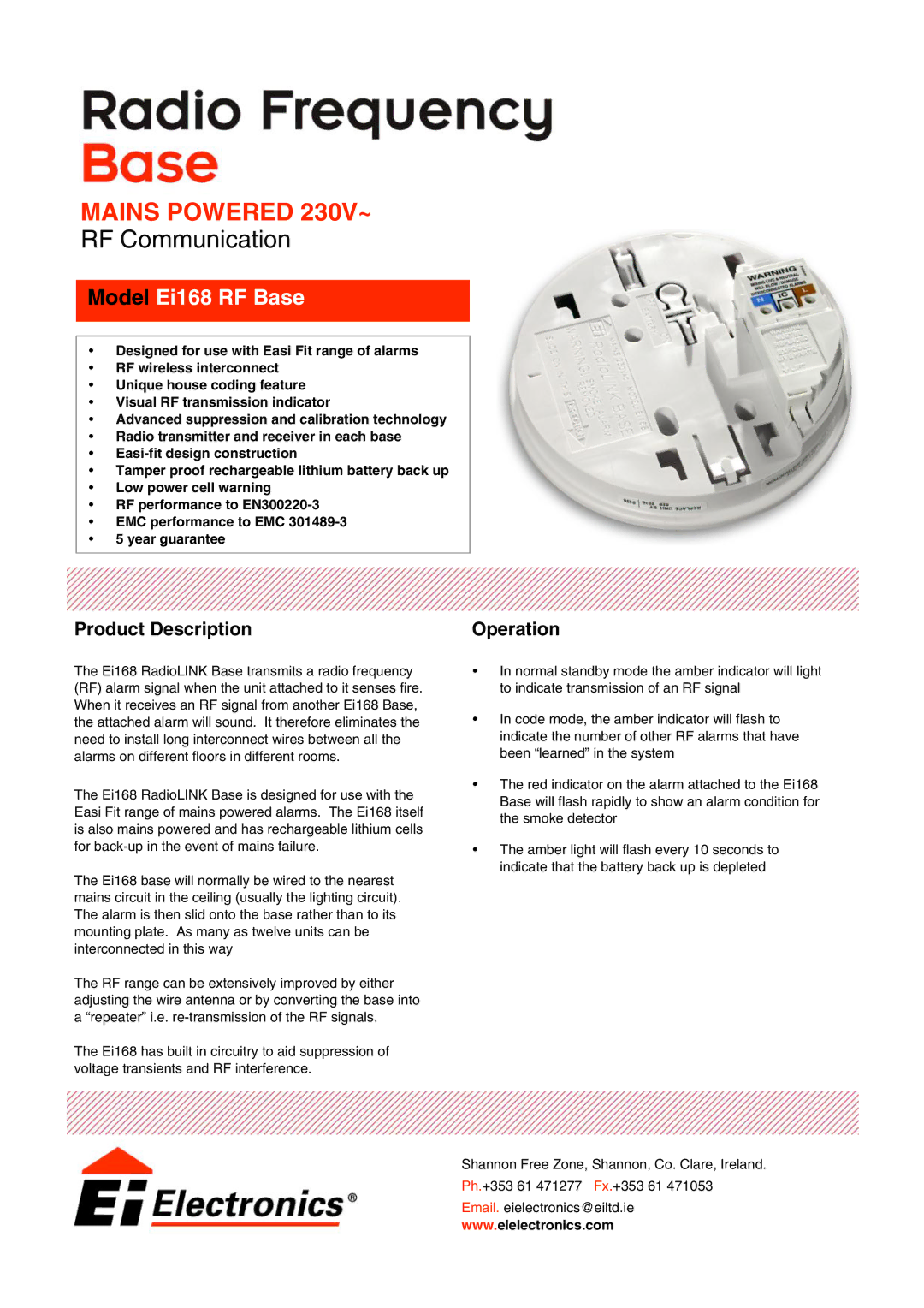 Ei Electronics manual Mains Powered 230V~, RF Communication, Model Ei168 RF Base, Product Description, Operation 