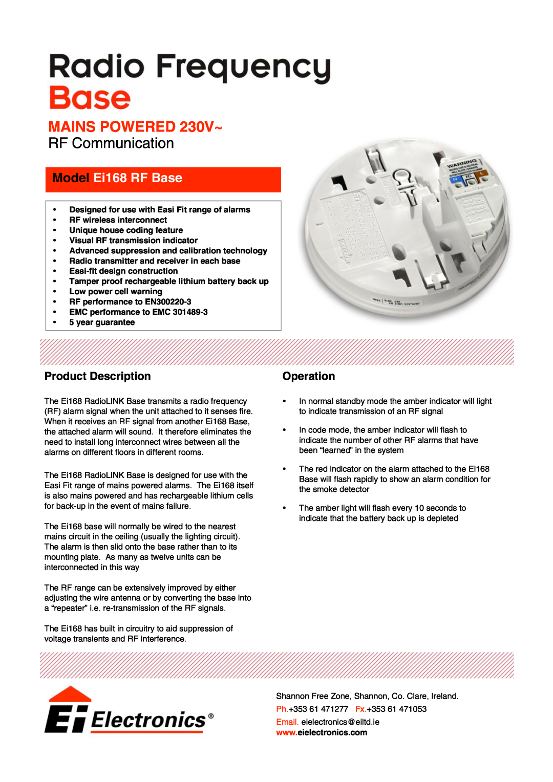Ei Electronics manual Model Ei168 RF Base, Product Description, Operation, MAINS POWERED 230V~, RF Communication 