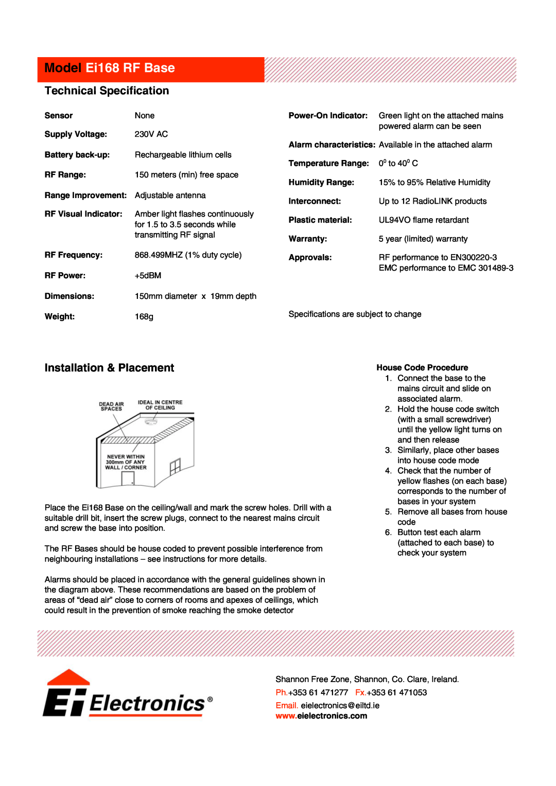 Ei Electronics manual Technical Specification, Installation & Placement, Model Ei168 RF Base 