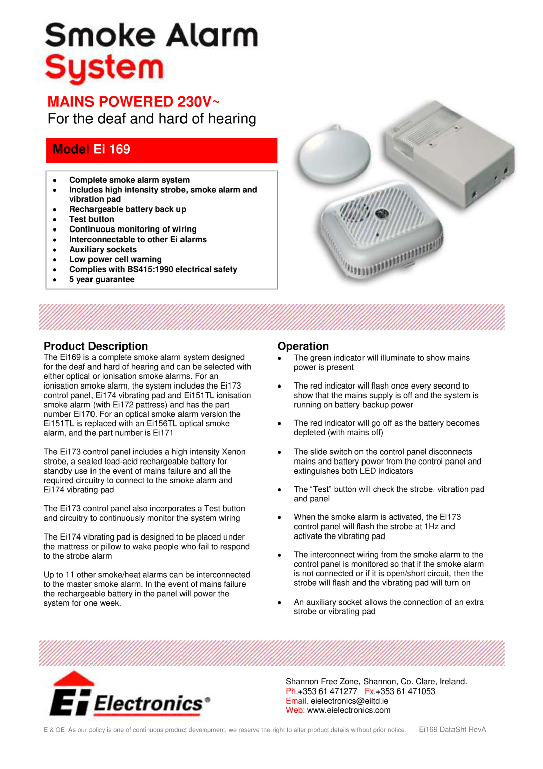 Ei Electronics Ei169 manual Mains Powered 230V~, For the deaf and hard of hearing, Model Ei, Product Description Operation 