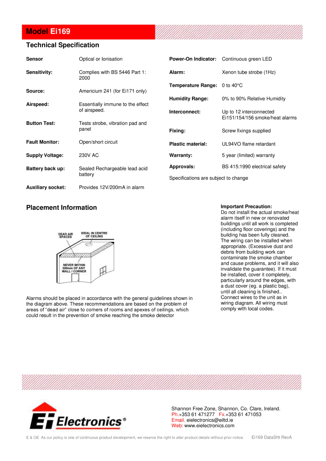 Ei Electronics manual Model Ei169, Technical Specification, Placement Information 