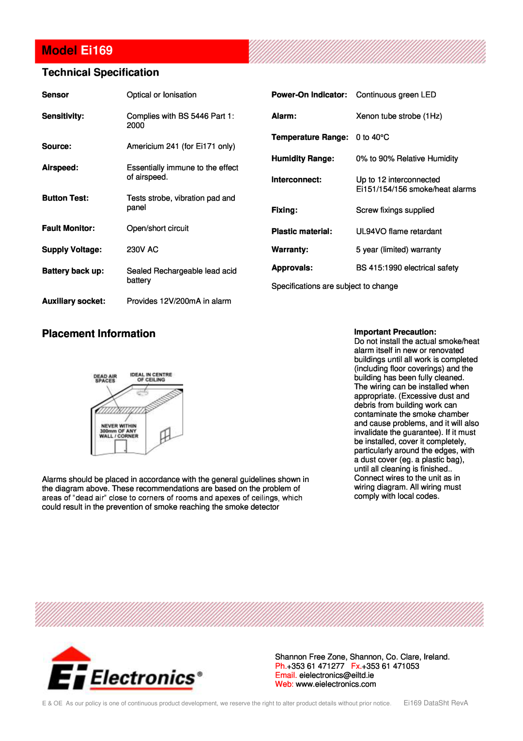 Ei Electronics manual Model Ei169, Technical Specification, Placement Information 