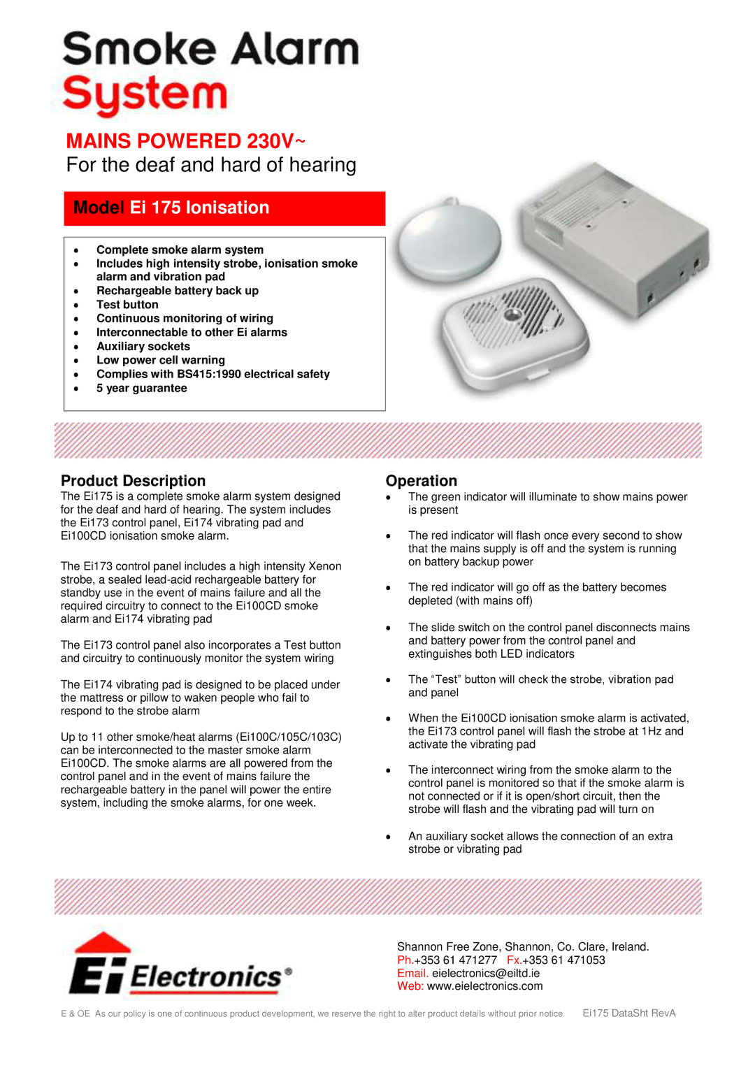 Ei Electronics Ei175 manual Model Ei 175 Ionisation, Product Description Operation 