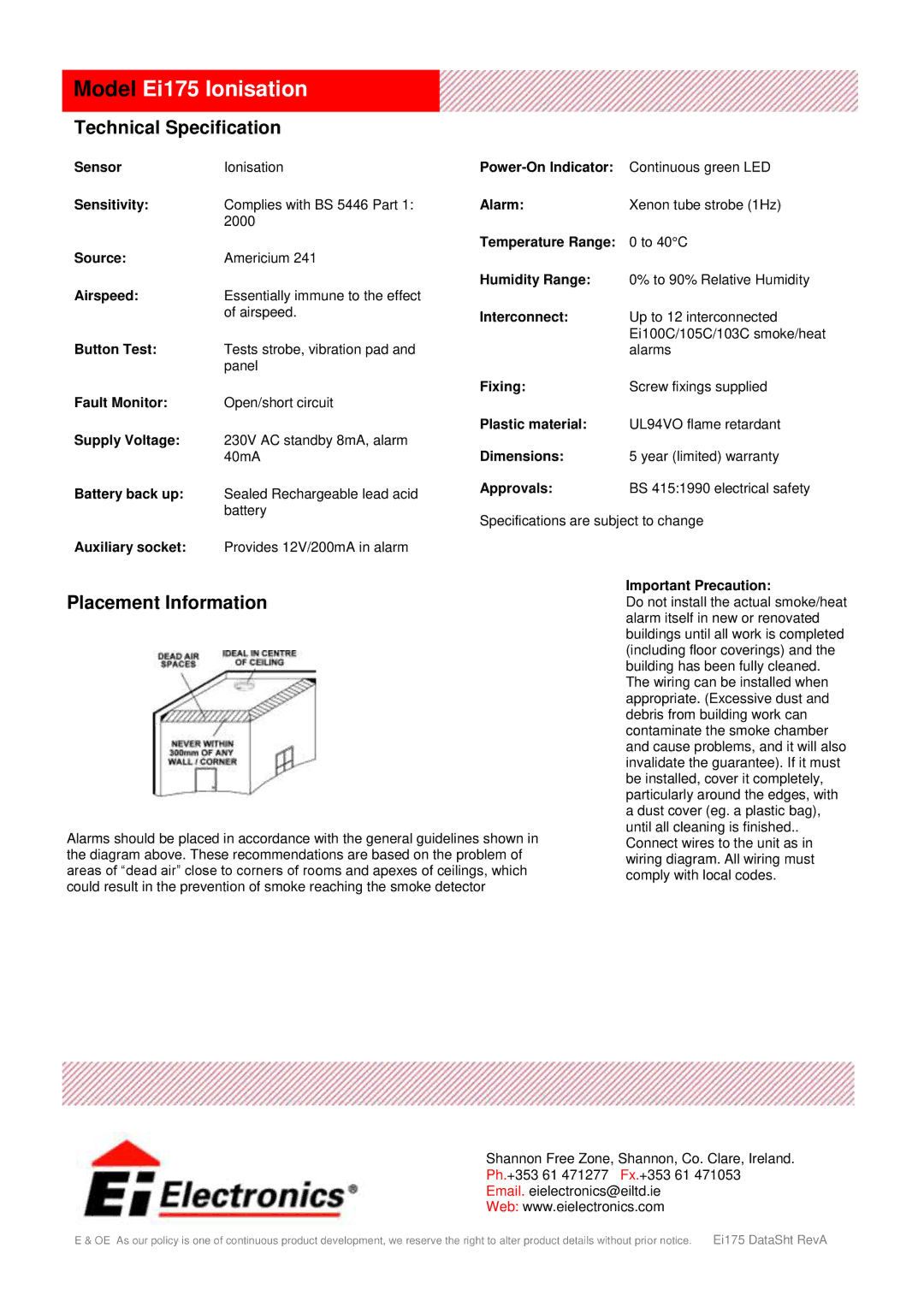 Ei Electronics manual Model Ei175 Ionisation, Technical Specification, Placement Information 