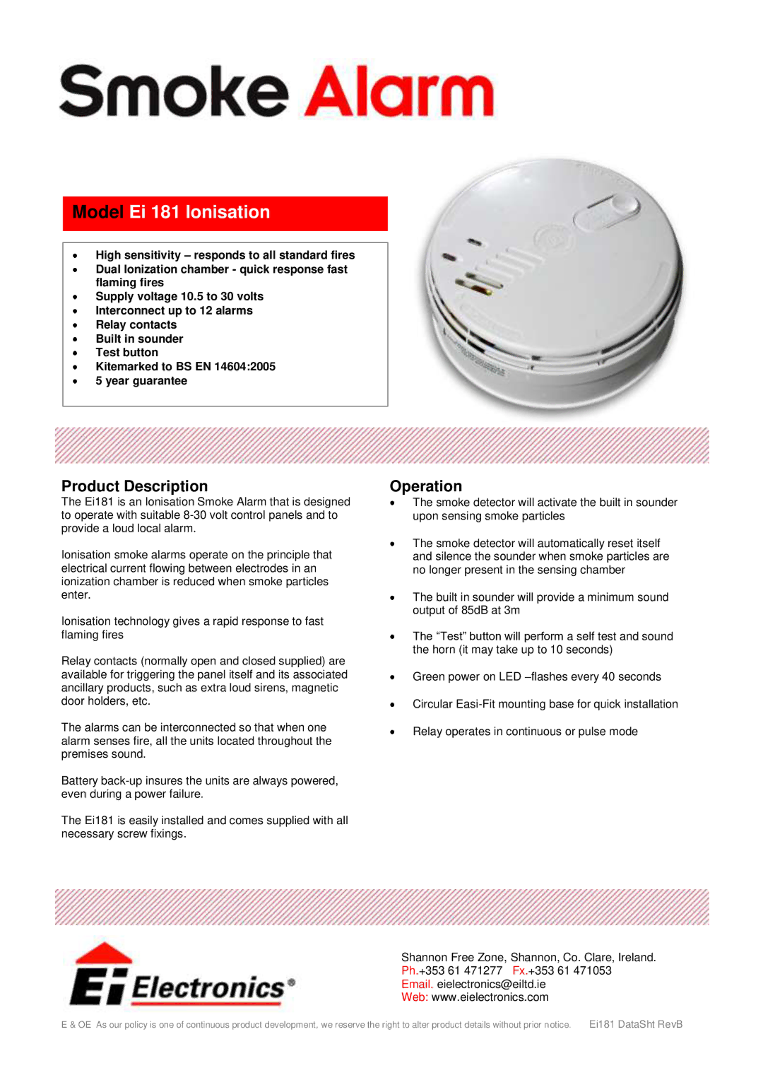 Ei Electronics Ei181 manual Model Ei 181 Ionisation, Product Description, Operation 