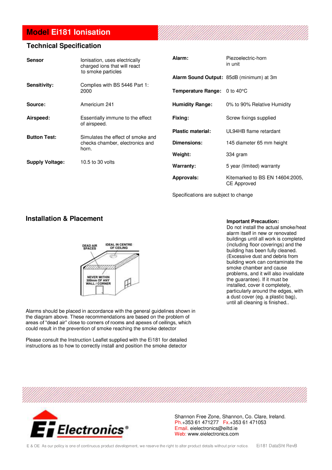 Ei Electronics manual Model Ei181 Ionisation, Technical Specification, Installation & Placement 