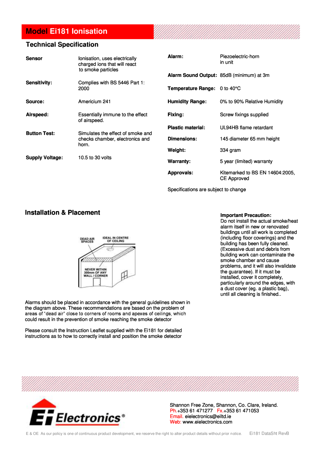 Ei Electronics Model Ei181 Ionisation, Technical Specification, Installation & Placement, Source, Supply Voltage, Alarm 