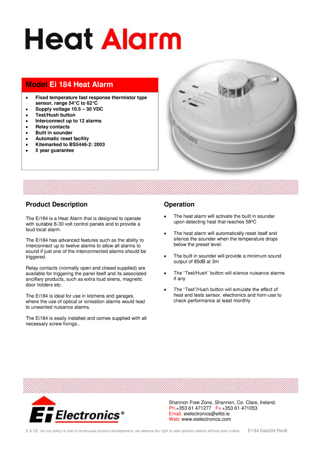 Ei Electronics Ei184 manual Model Ei 184 Heat Alarm, Product Description, Operation 