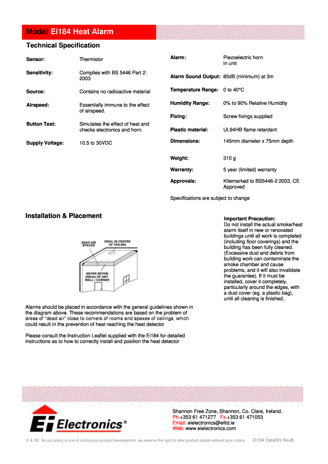 Ei Electronics manual Model Ei184 Heat Alarm, Technical Specification, Installation & Placement 