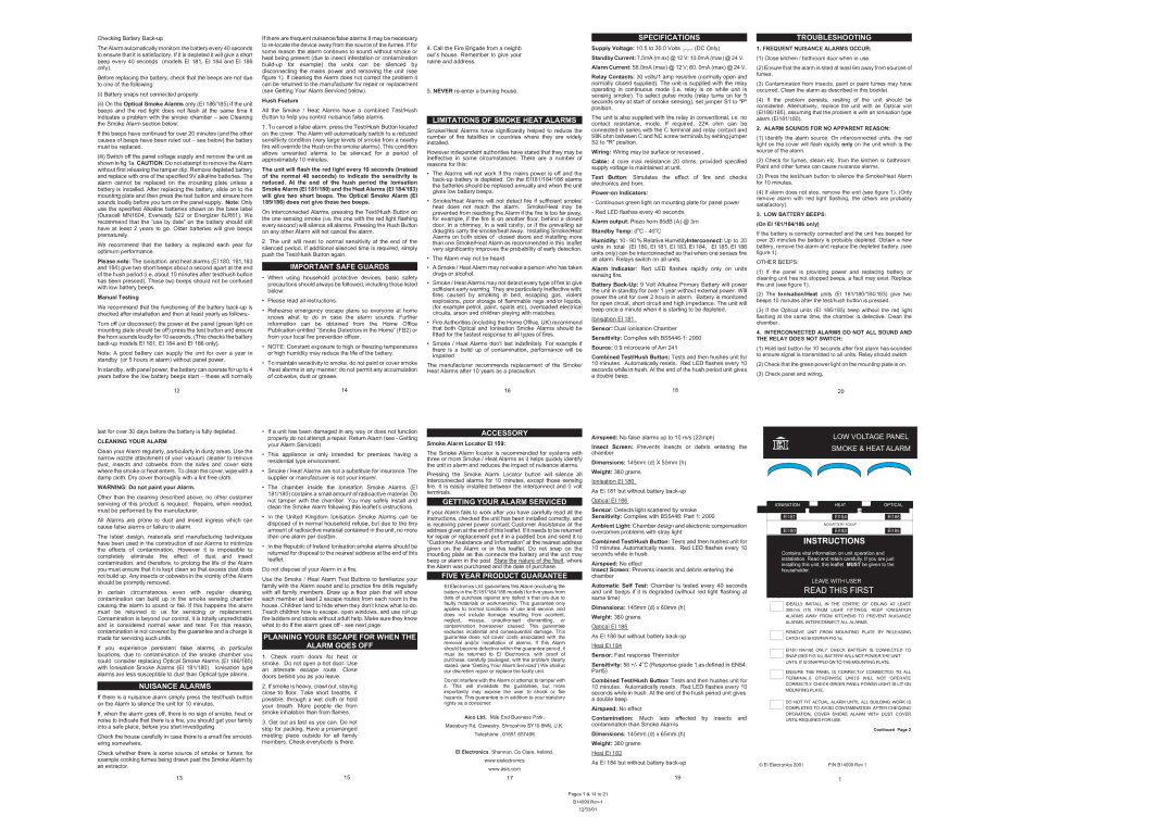 Ei Electronics Ei186 Important Safe Guards, Limitations of Smoke Heat Alarms, Specifications, Troubleshooting, Accessory 