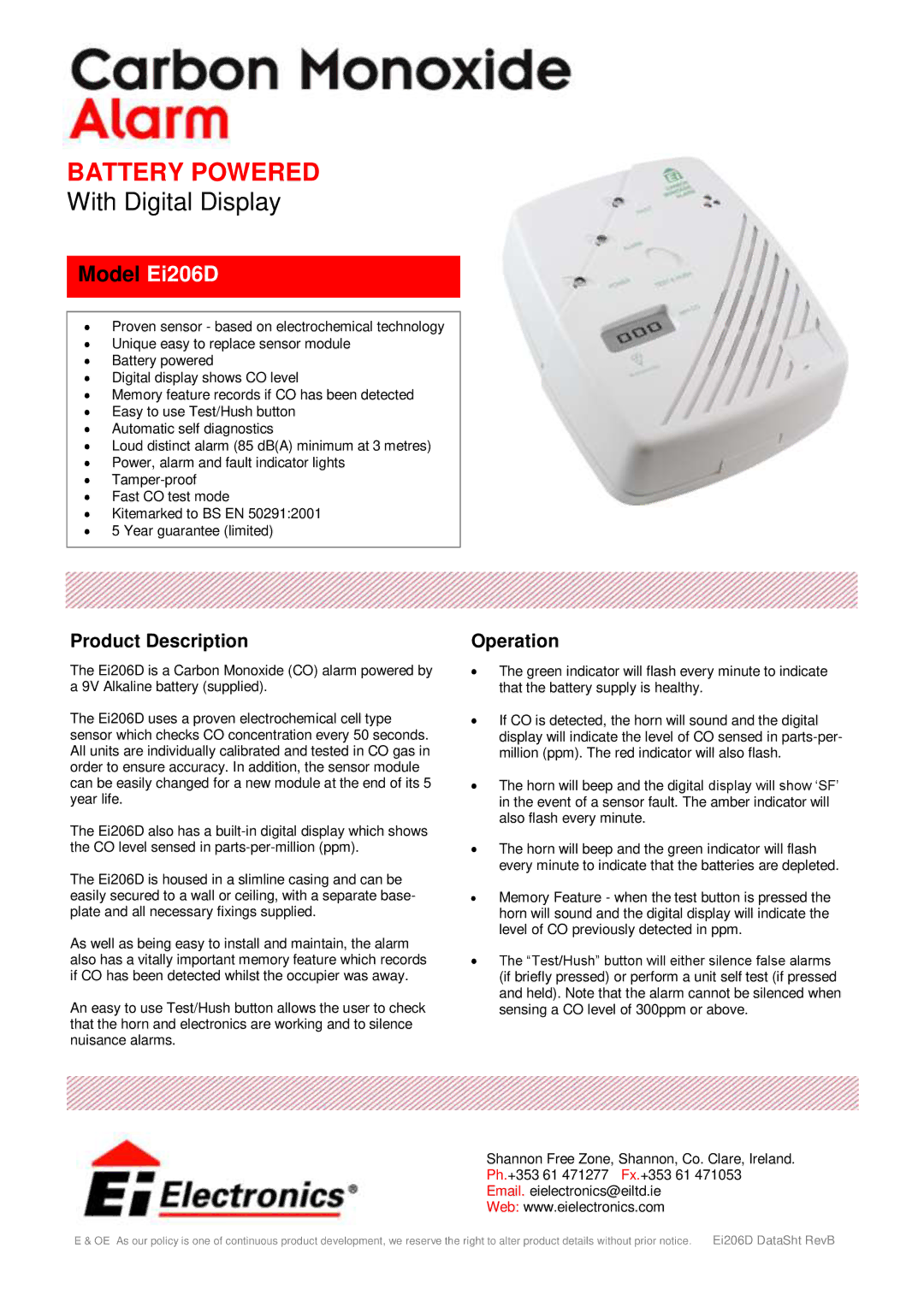 Ei Electronics manual Battery Powered, With Digital Display, Model Ei206D, Product Description, Operation 