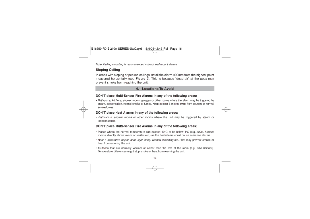 Ei Electronics Ei2110 manual Locations To Avoid, DON’T place Heat Alarms in any of the following areas 